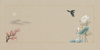 黄色米色手绘中国风水墨画山水荷花小鸟展板背景春天花鸟背景